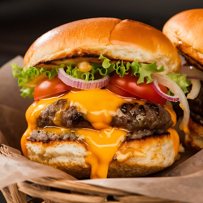 A Zaab Burger with two patties, melted cheese, lettuce, tomatoes, and red onions in a basket.