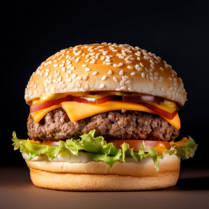 A Zaab Burger with a sesame seed bun, beef patty, melted cheese, lettuce, tomato, and pickles.